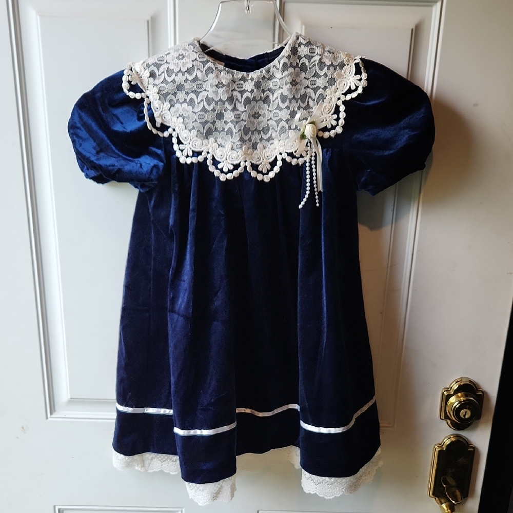 Vintage Bonnie Jean Navy Velvet Dress with White Lace Size 6